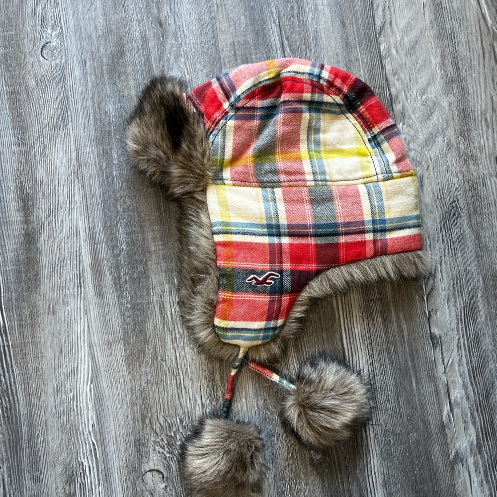 Plaid Winter Hat with Faux Fur Trim